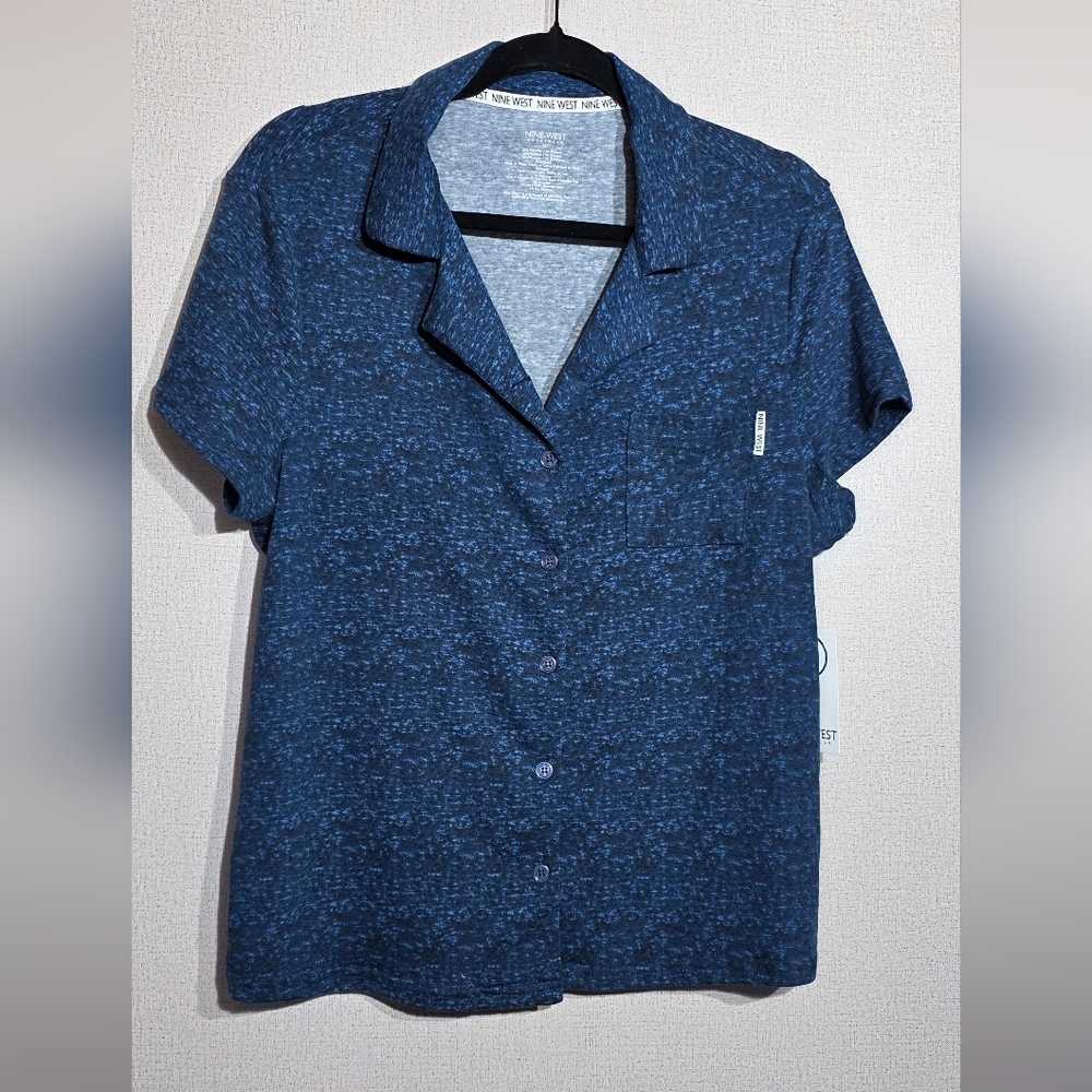 Nine West Blue Textured Button Down Shirt